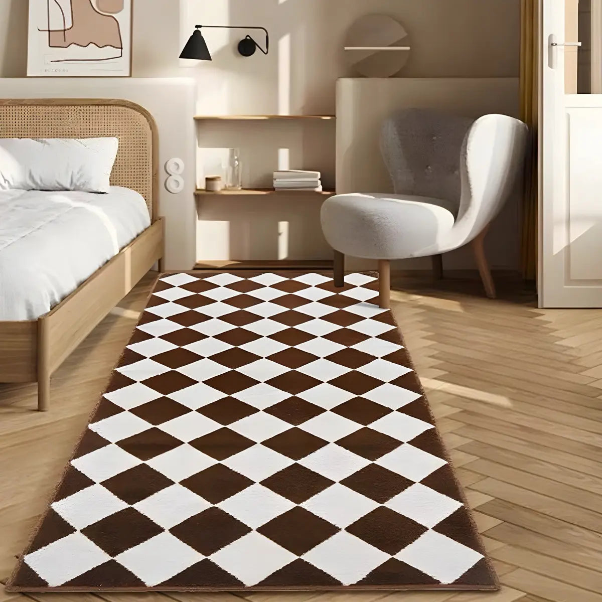 Minimalist Checkered Polyester Non-Slip Brown Area Rug Image - 6