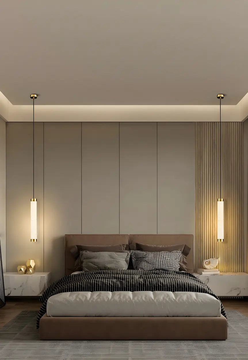 Minimalist Cylinder Bedroom Alabaster White Pendant Light Image - 19