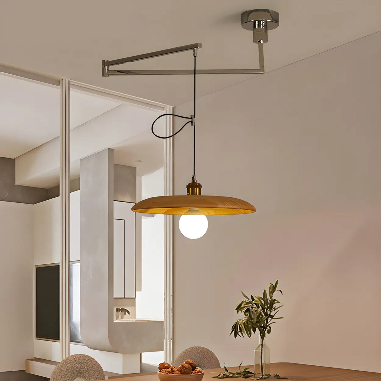 Modern Round Wooden Dome Pendant Light for Dining Room Image - 2