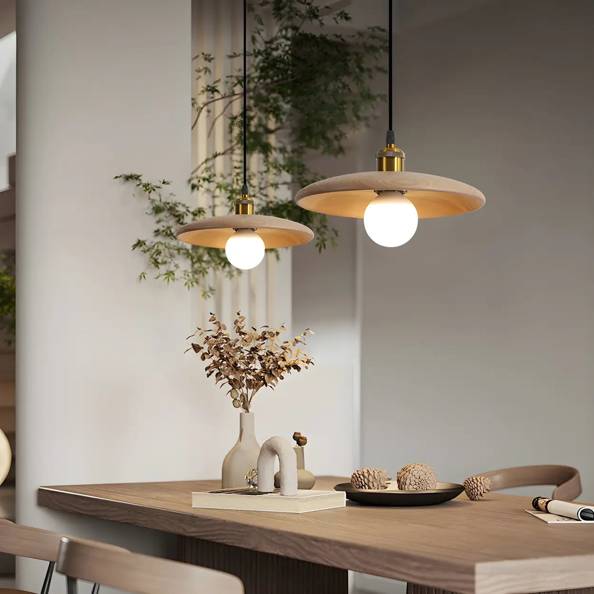 Modern Round Wooden Dome Pendant Light for Dining Room Image - 3