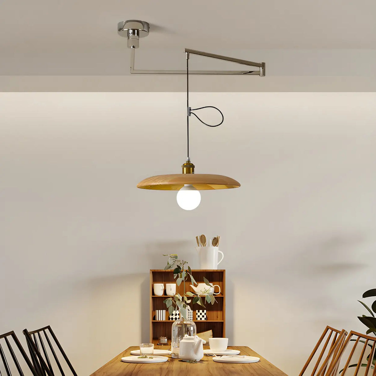 Modern Round Wooden Dome Pendant Light for Dining Room Image - 4