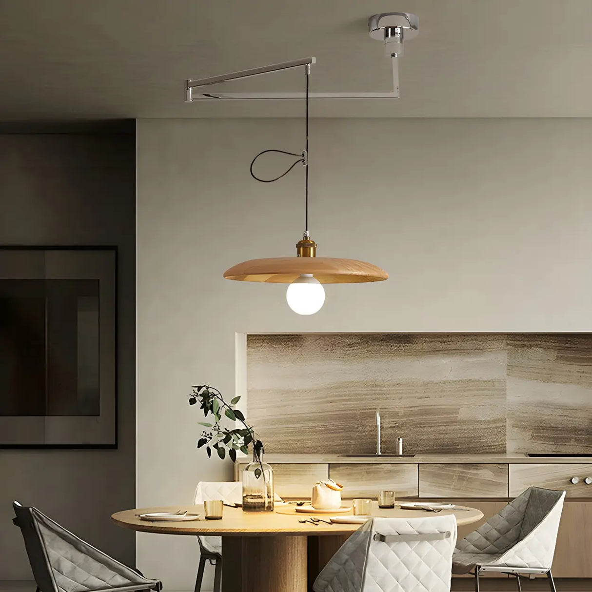 Modern Round Wooden Dome Pendant Light for Dining Room Image - 5