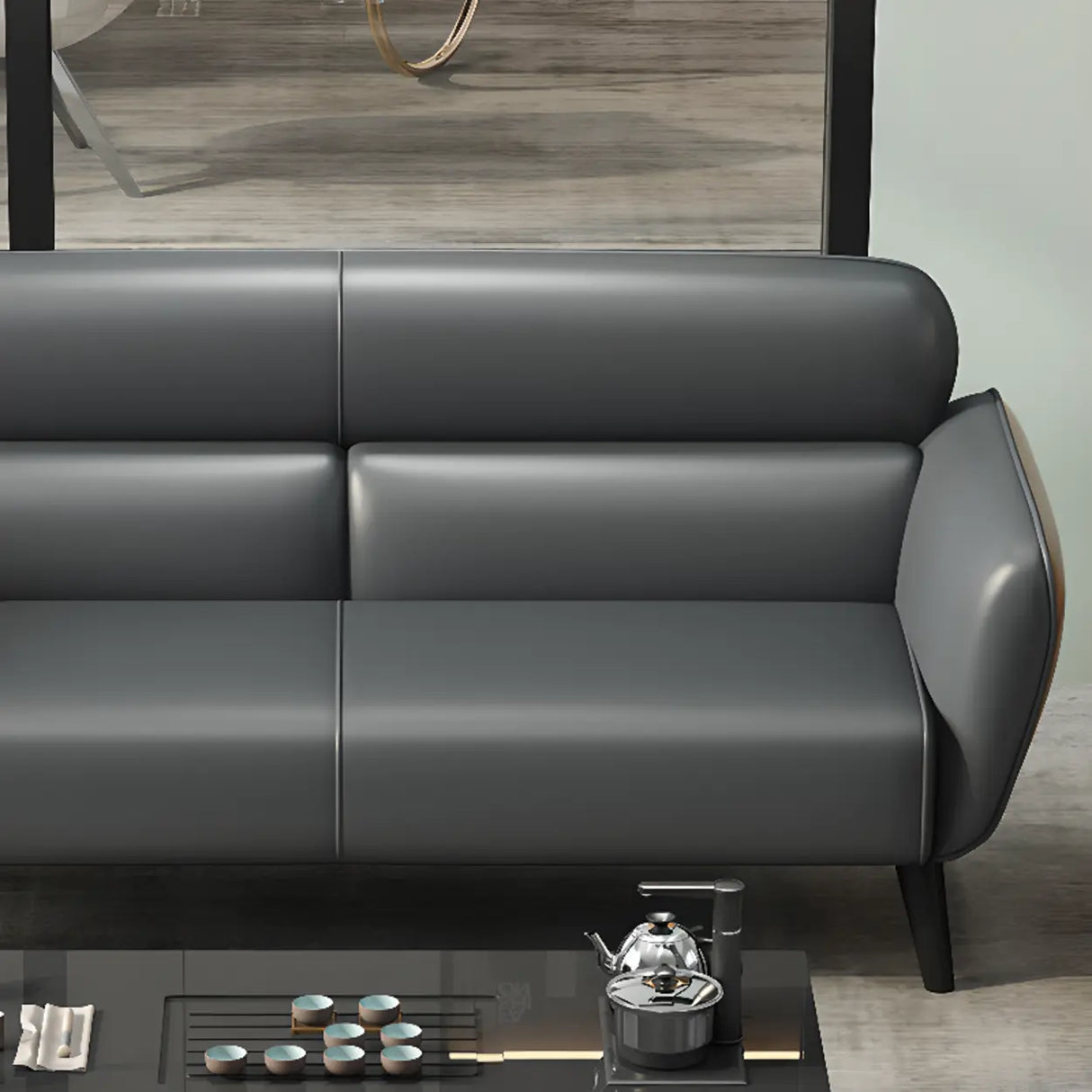 Minimalist Faux Leather Square Arm Cushion Back Sofa Image - 13