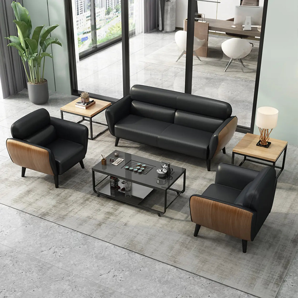 Minimalist Faux Leather Square Arm Cushion Back Sofa Image - 2