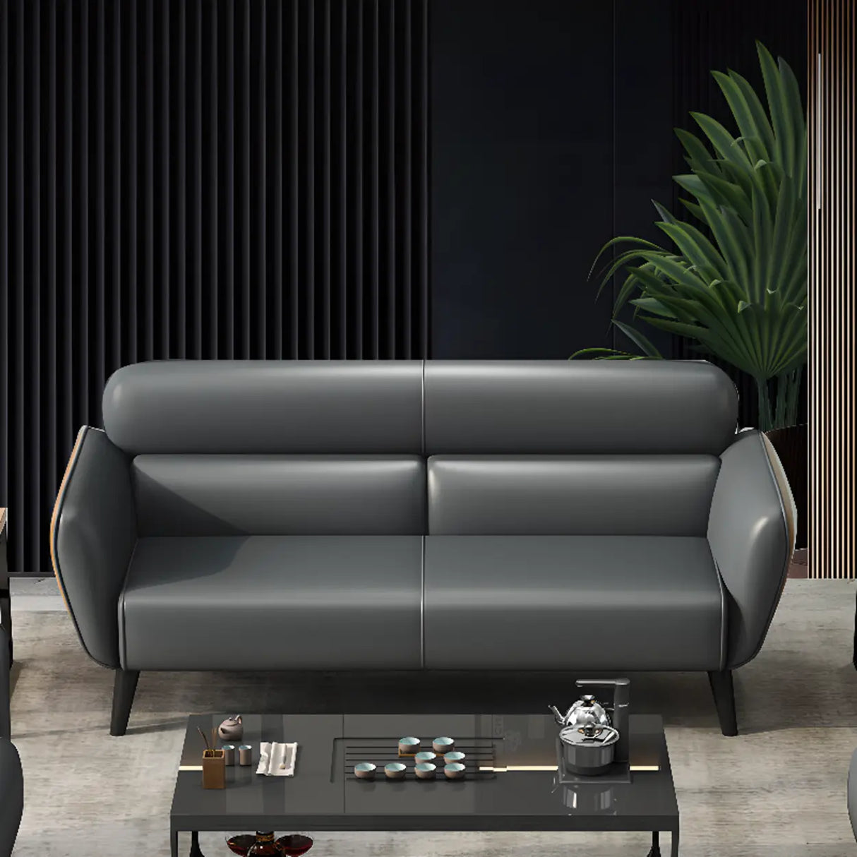 Minimalist Faux Leather Square Arm Cushion Back Sofa Image - 3