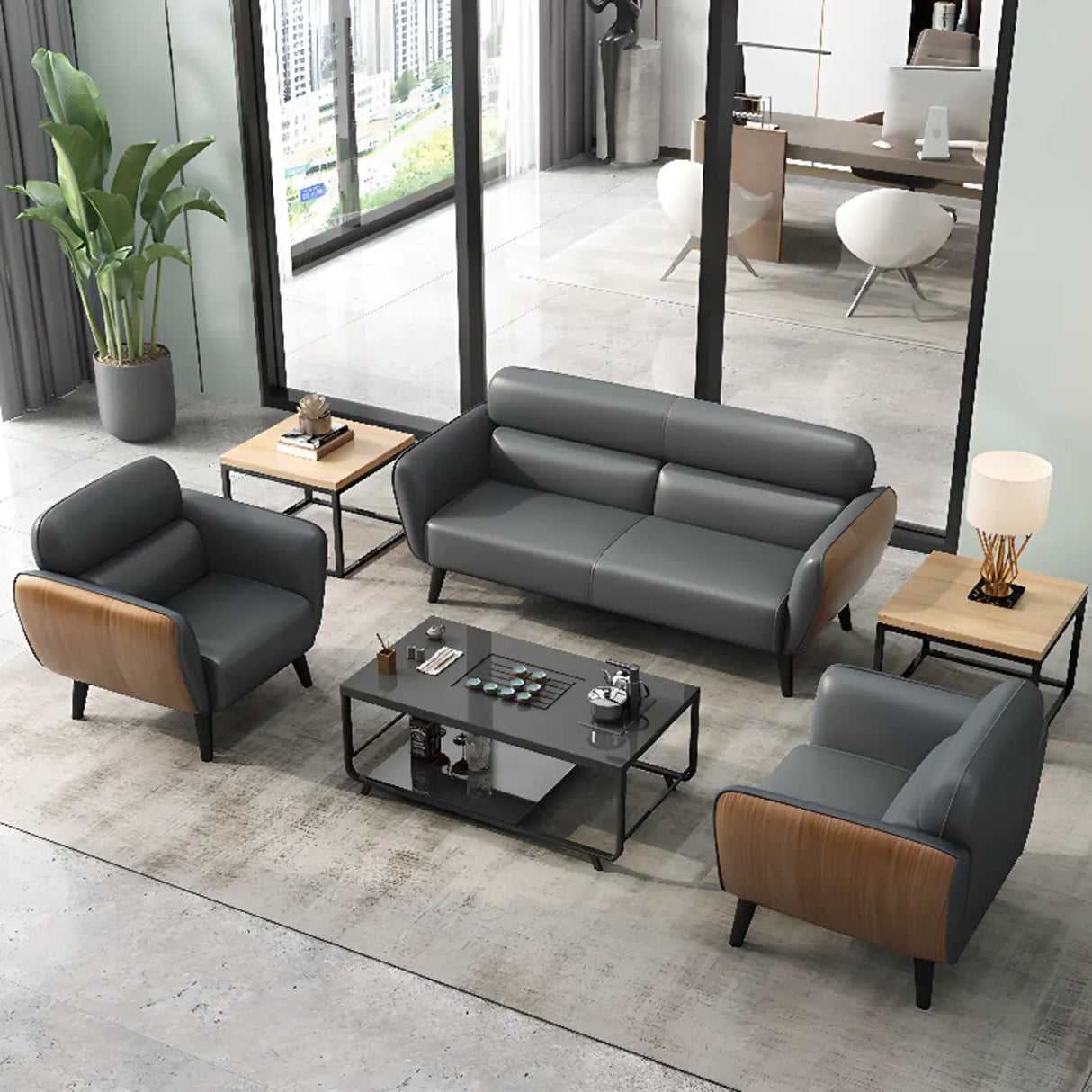 Minimalist Faux Leather Square Arm Cushion Back Sofa Image - 4