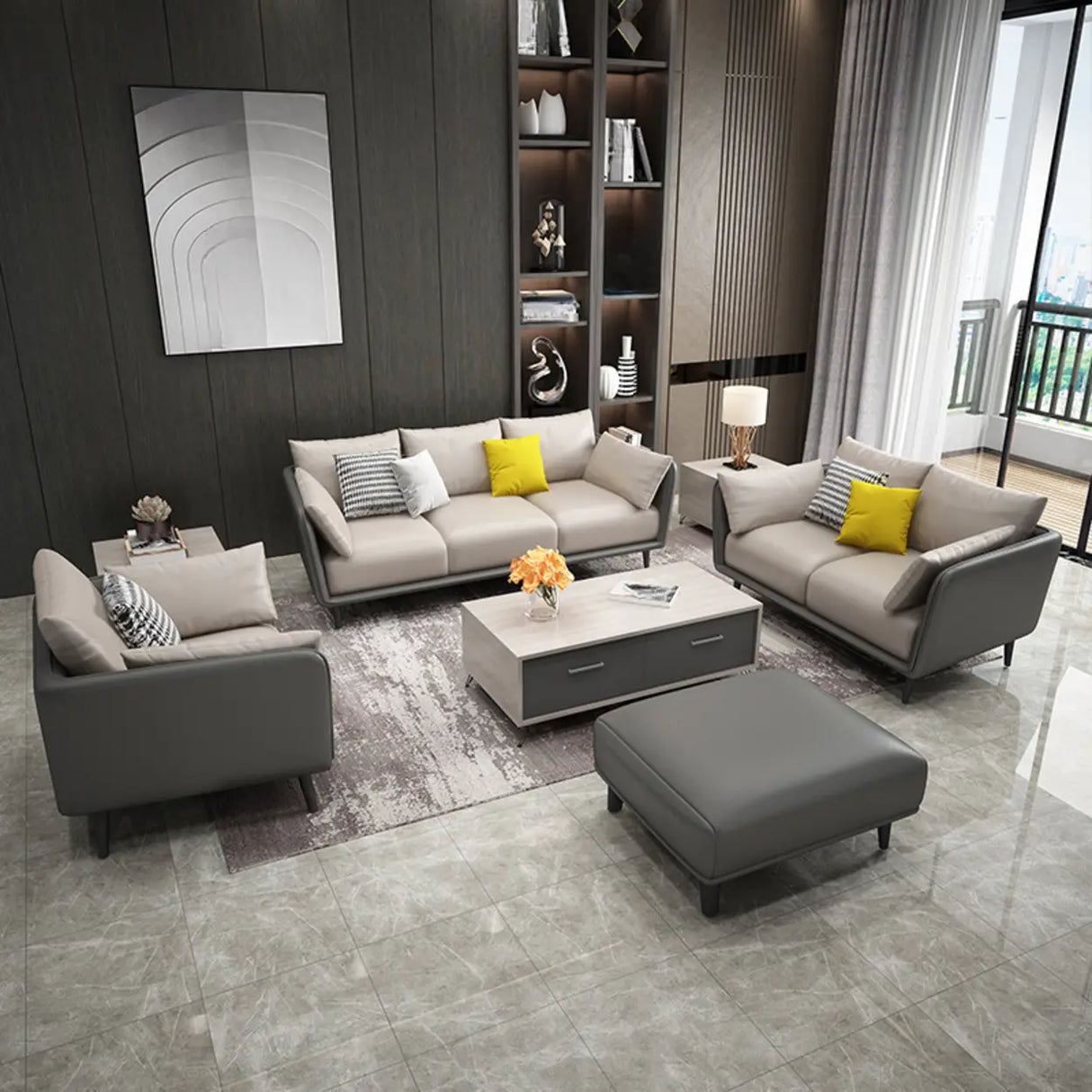 Minimalist Faux Leather Square Arm Pillow Back Sofa Image - 1