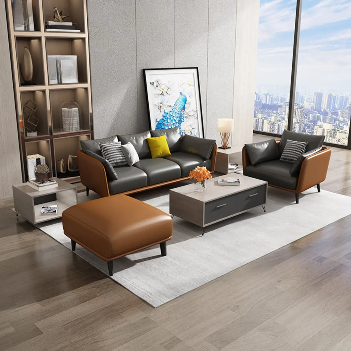 Minimalist Faux Leather Square Arm Pillow Back Sofa Image - 2