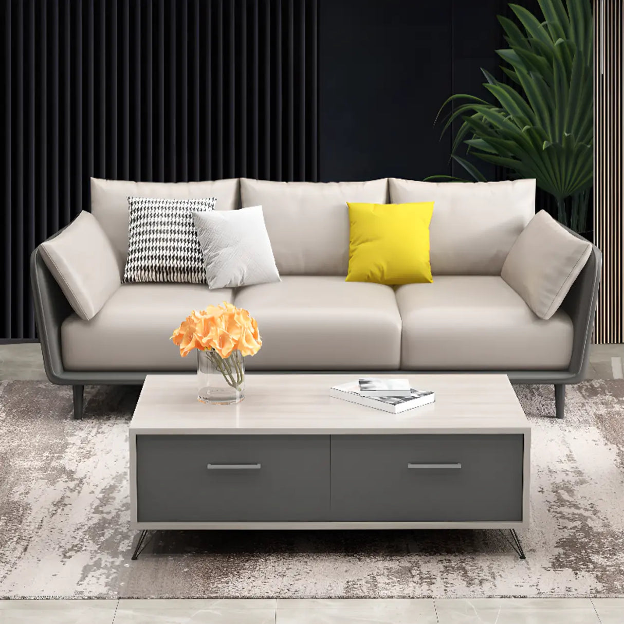 Minimalist Faux Leather Square Arm Pillow Back Sofa Image - 3