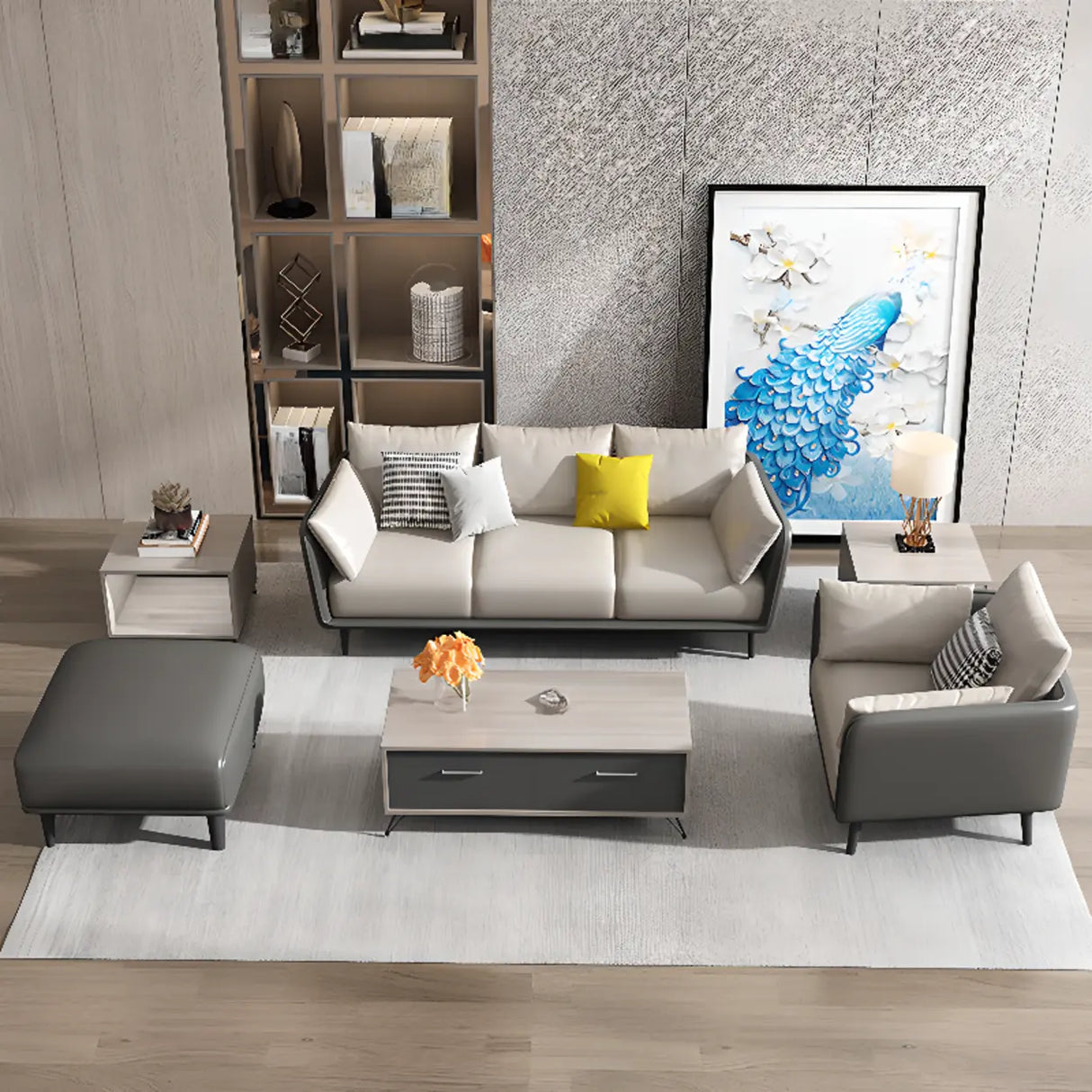 Minimalist Faux Leather Square Arm Pillow Back Sofa Image - 4