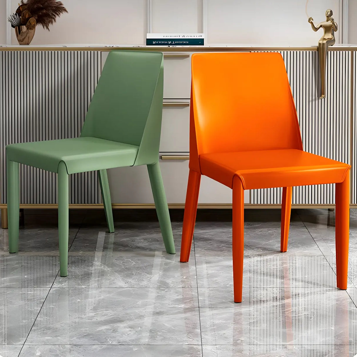 Minimalist Four Metal Legs Leather Dining Side Chair Image - 15