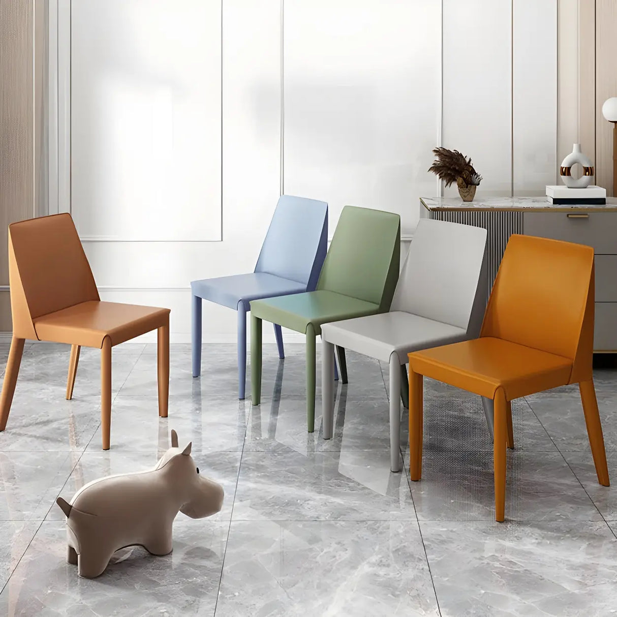 Minimalist Four Metal Legs Leather Dining Side Chair Image - 3
