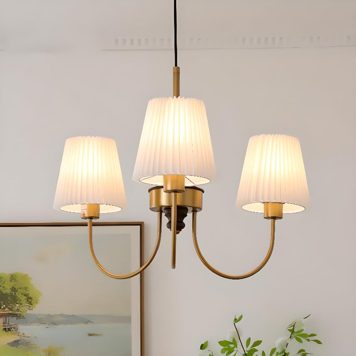 Minimalist Geometric Brass Pleated Fabric Drum Chandelier Image - 1