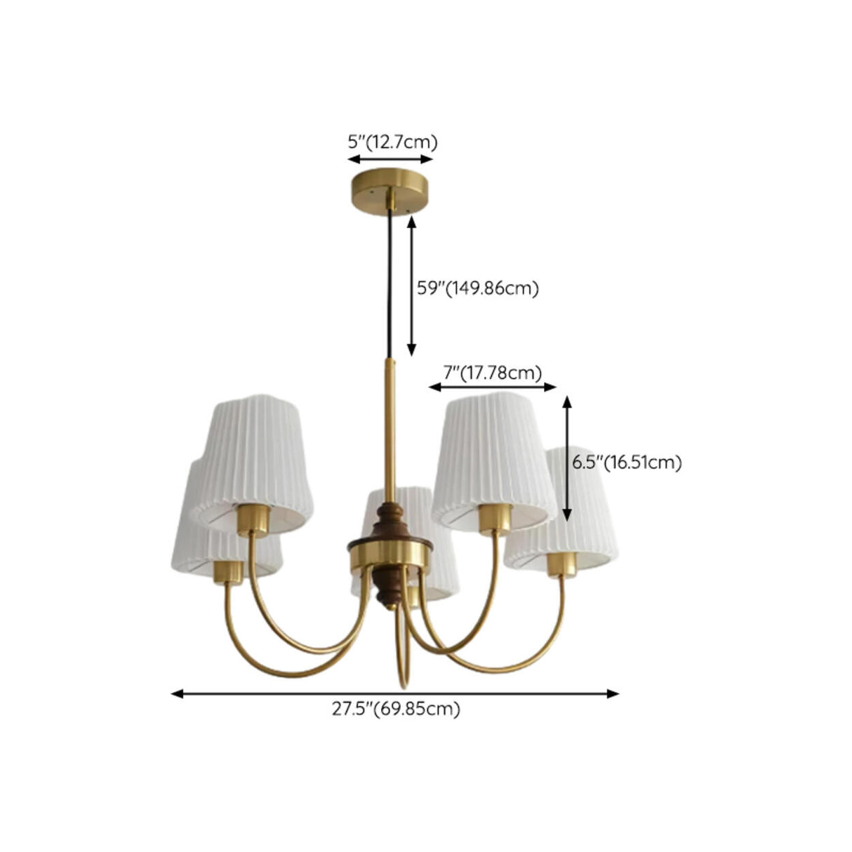 Minimalist Geometric Brass Pleated Fabric Drum Chandelier Image - 11