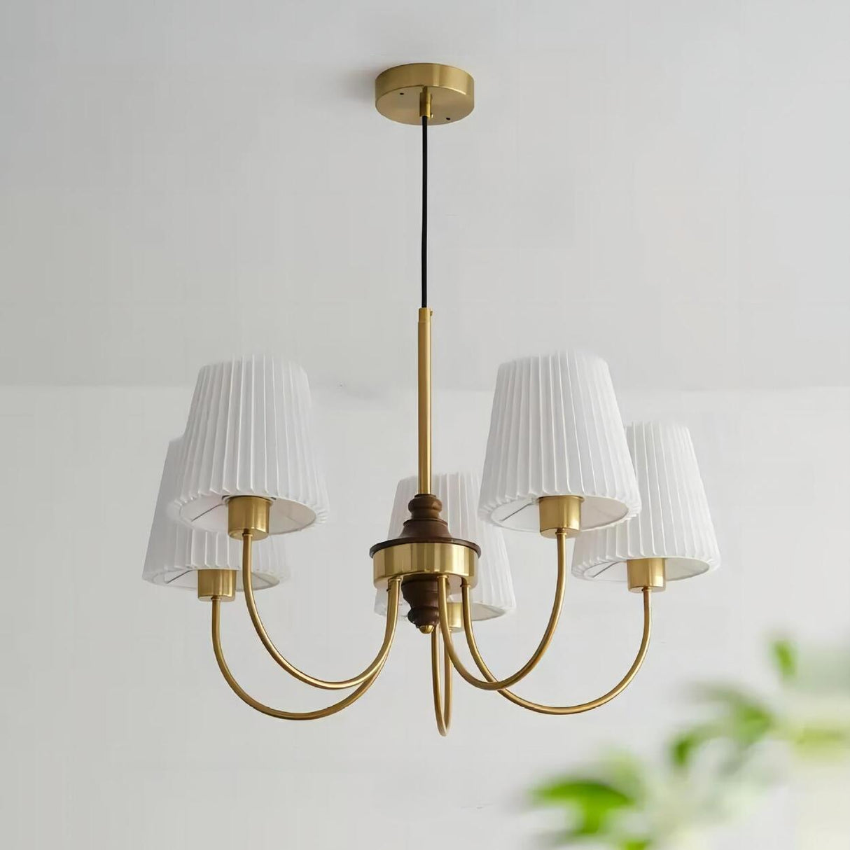 Minimalist Geometric Brass Pleated Fabric Drum Chandelier Image - 3