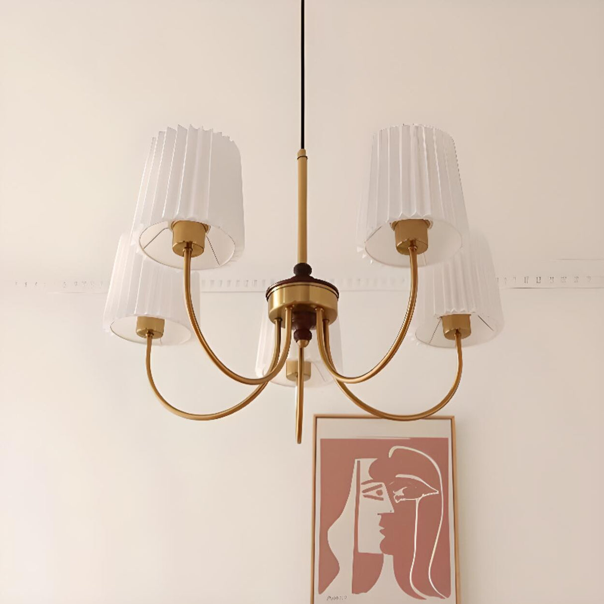 Minimalist Geometric Brass Pleated Fabric Drum Chandelier Image - 4