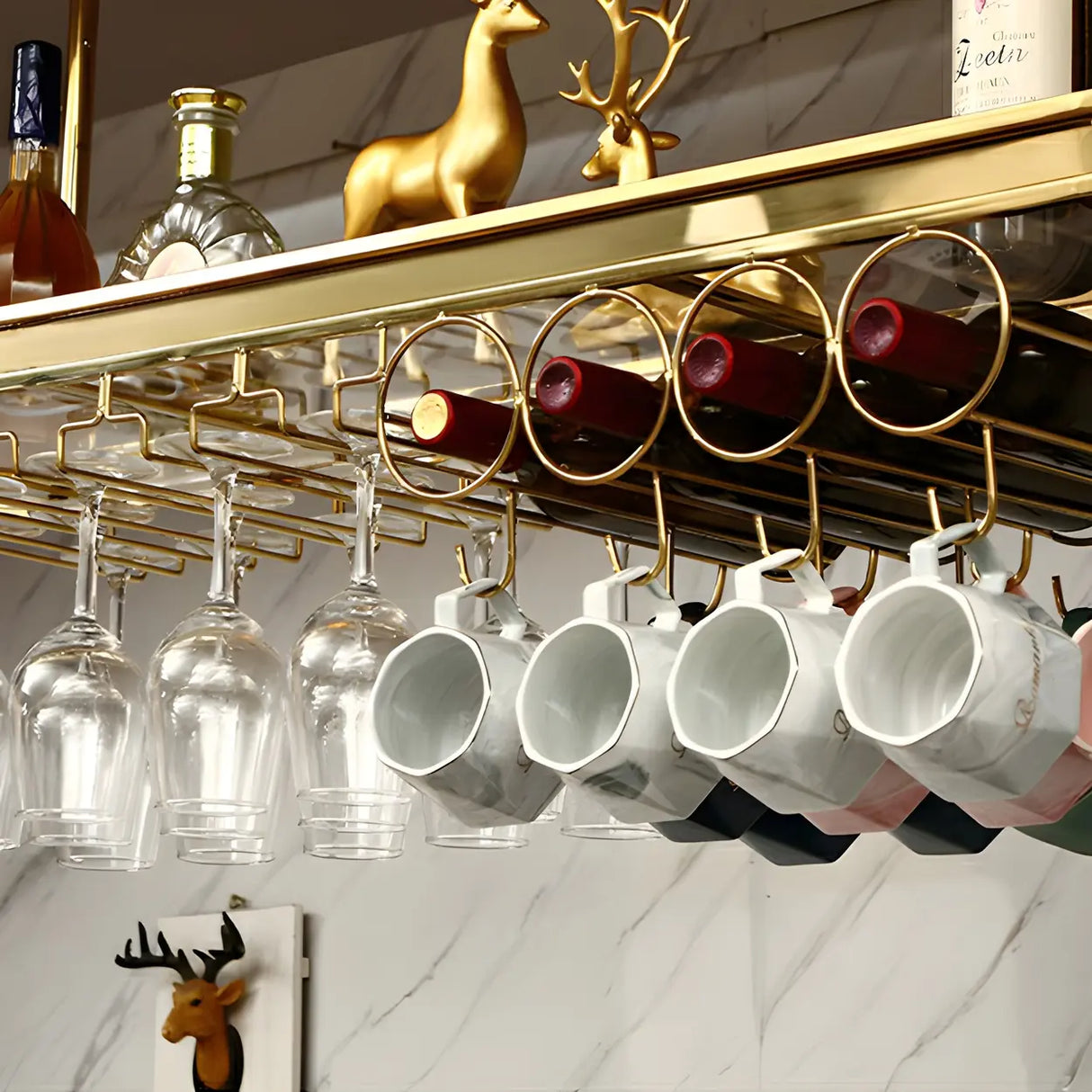 Minimalist Gold Oval Metal Hanging Bar Stackable Wine Rack Image - 12