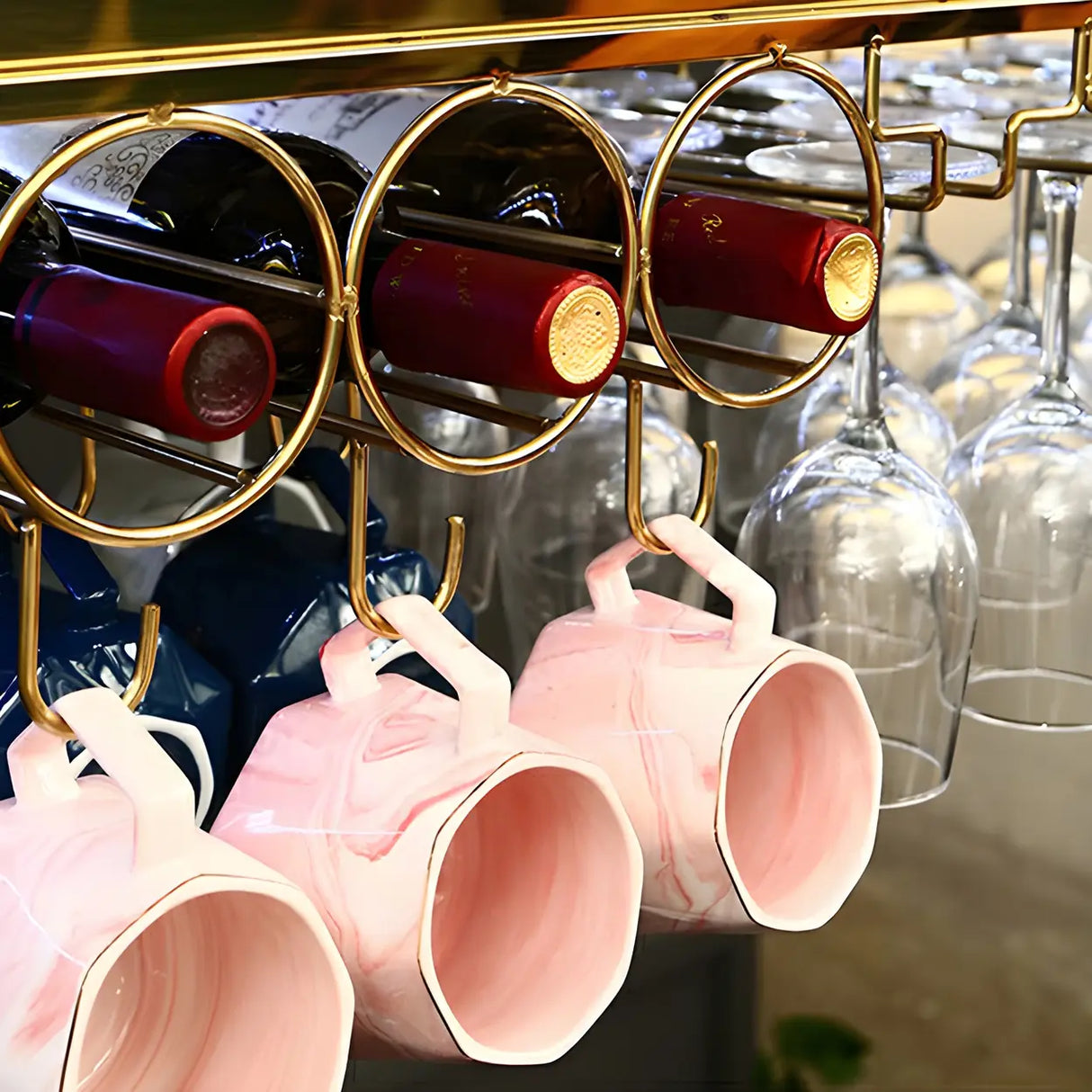 Minimalist Gold Oval Metal Hanging Bar Stackable Wine Rack Image - 17