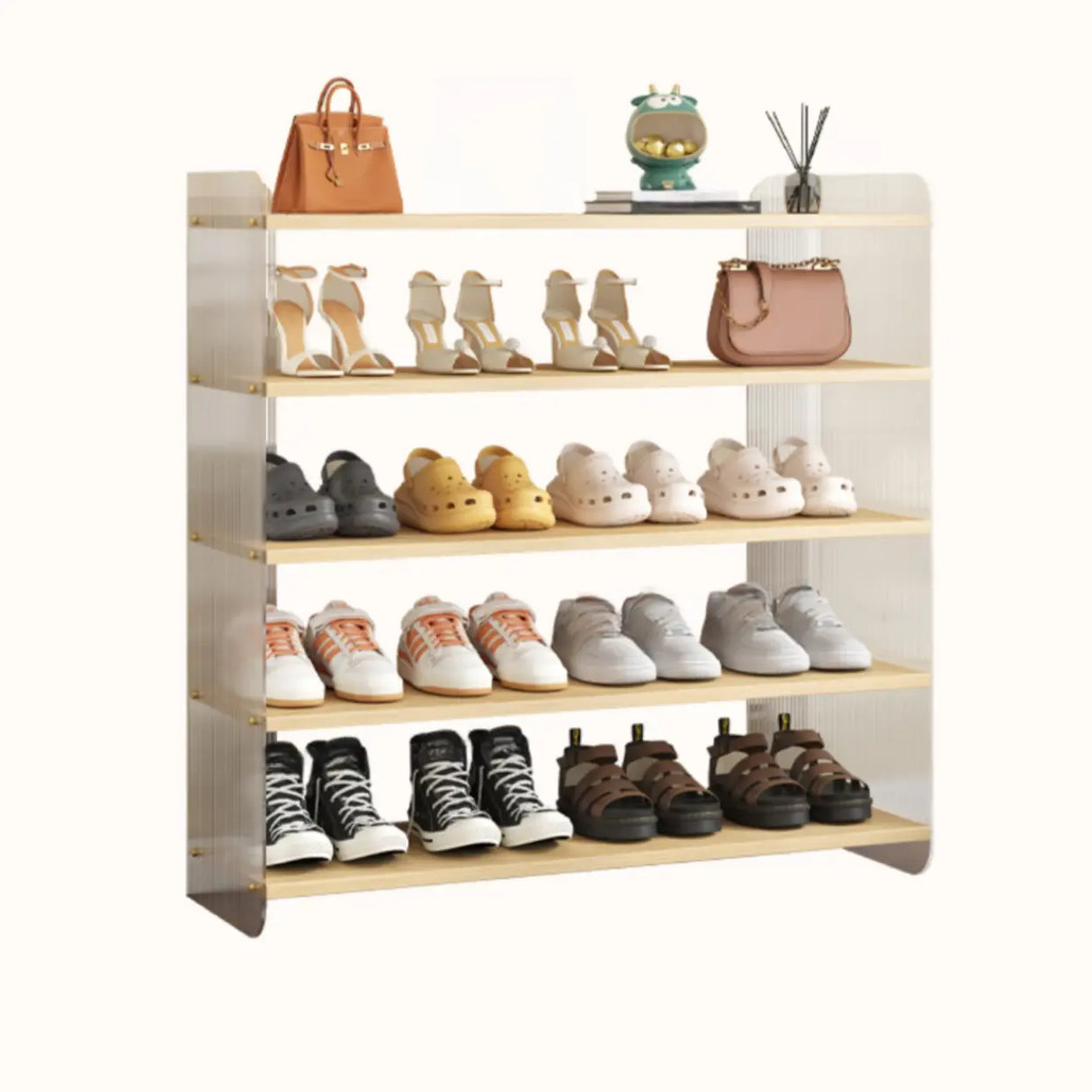 Minimalist Layered Wood Shoe Rack Brown 5 Tiers Storage Image - 10