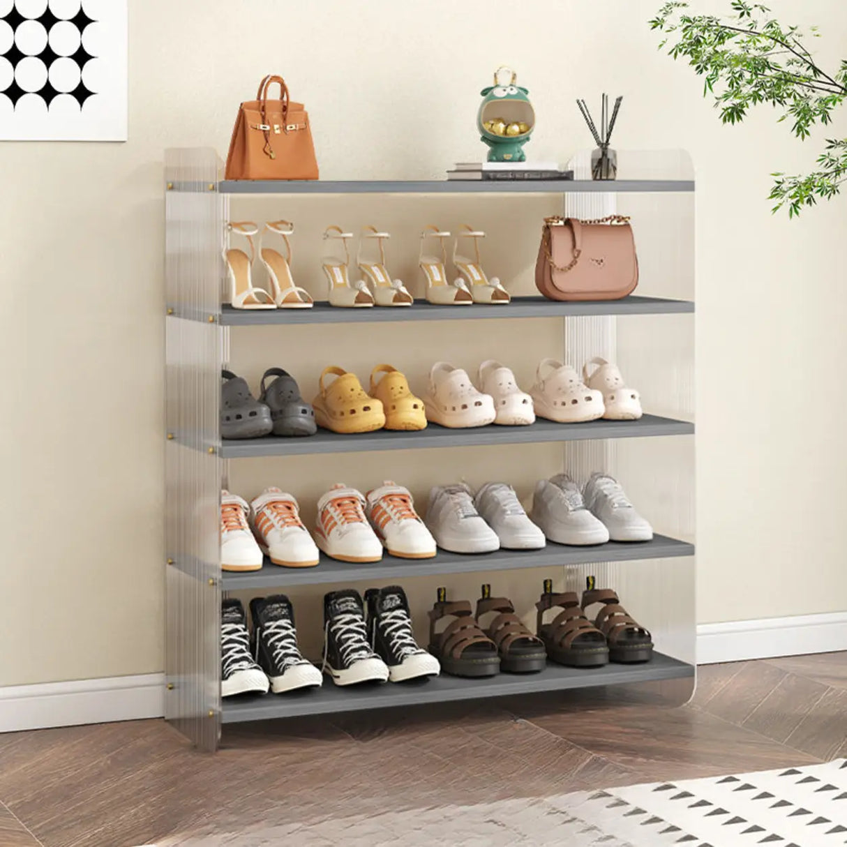 Minimalist Layered Wood Shoe Rack Brown 5 Tiers Storage Image - 17