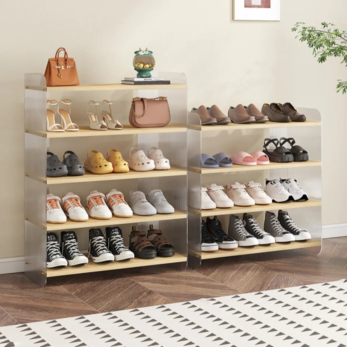 Minimalist Layered Wood Shoe Rack Brown 5 Tiers Storage Image - 19