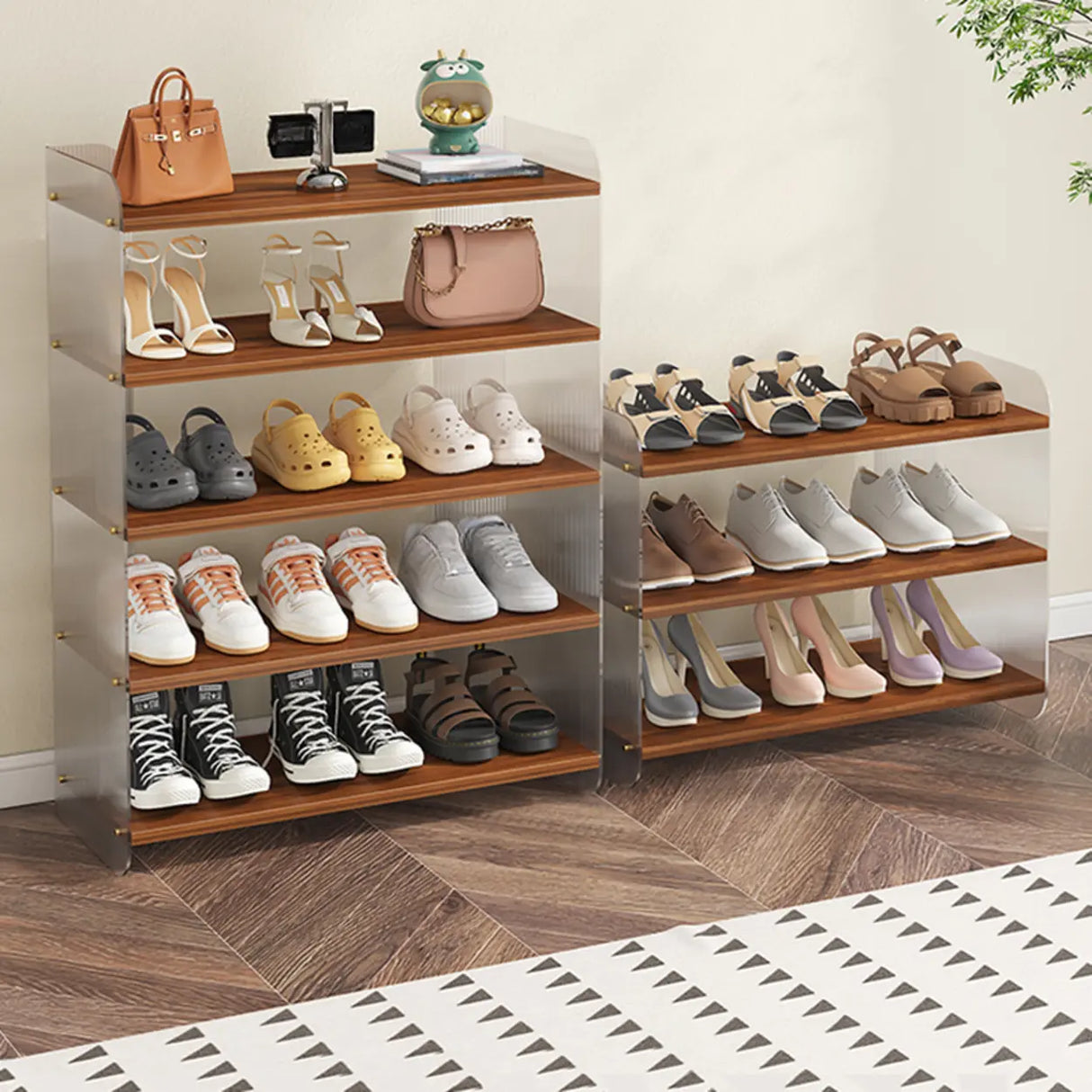Minimalist Layered Wood Shoe Rack Brown 5 Tiers Storage Image - 1