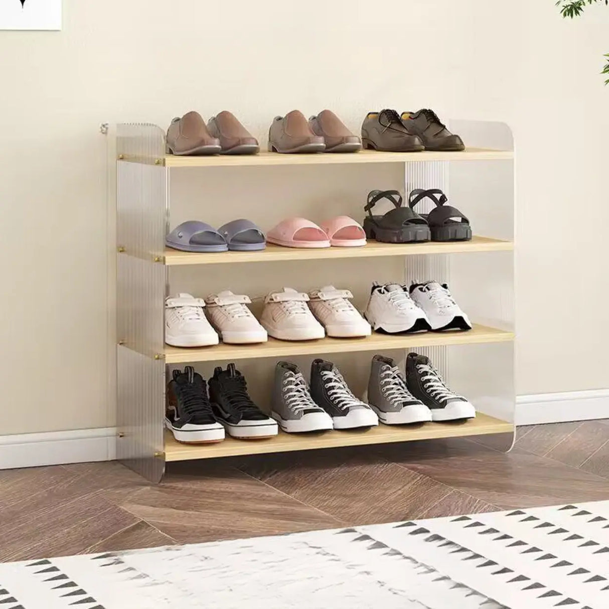 Minimalist Layered Wood Shoe Rack Brown 5 Tiers Storage Image - 3