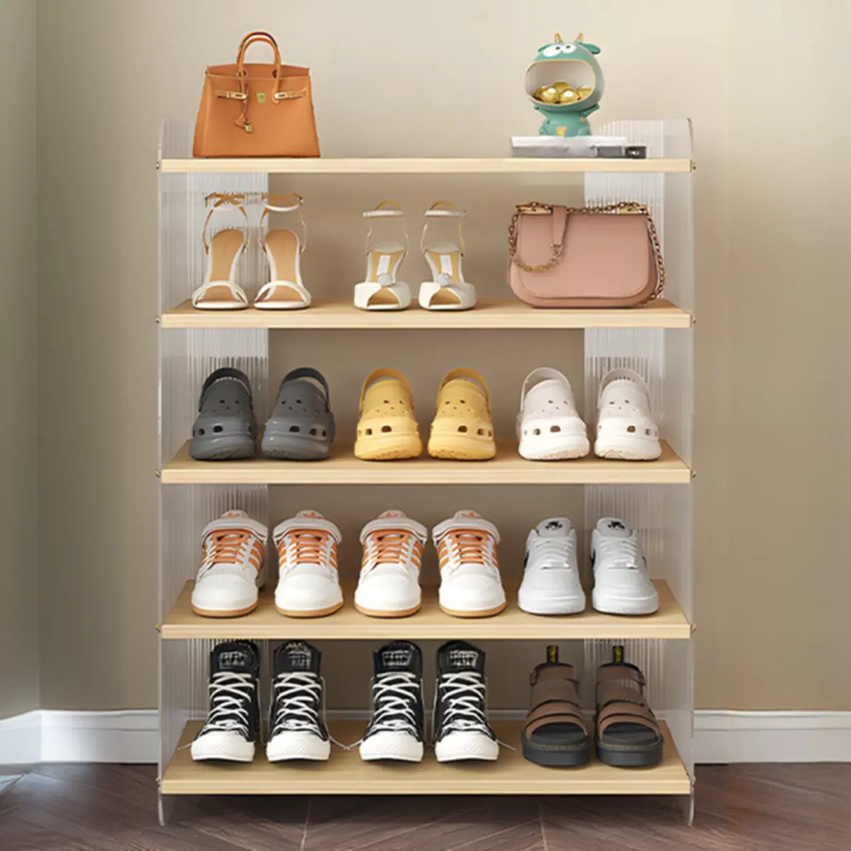 Minimalist Layered Wood Shoe Rack Brown 5 Tiers Storage Image - 4