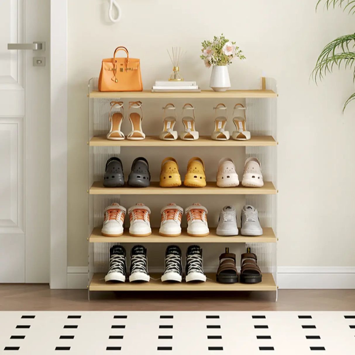 Minimalist Layered Wood Shoe Rack Brown 5 Tiers Storage Image - 6