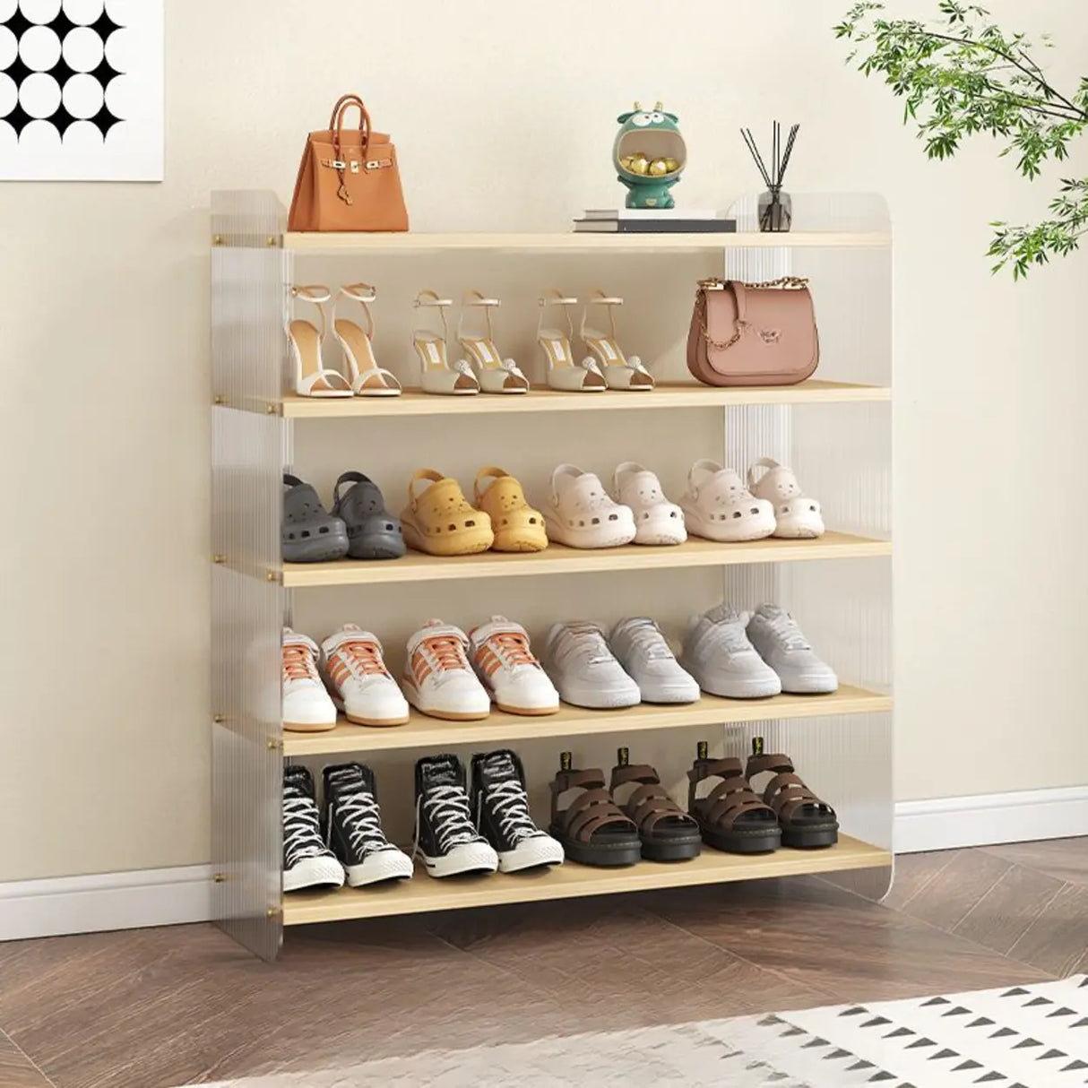 Minimalist Layered Wood Shoe Rack Brown 5 Tiers Storage Image - 7