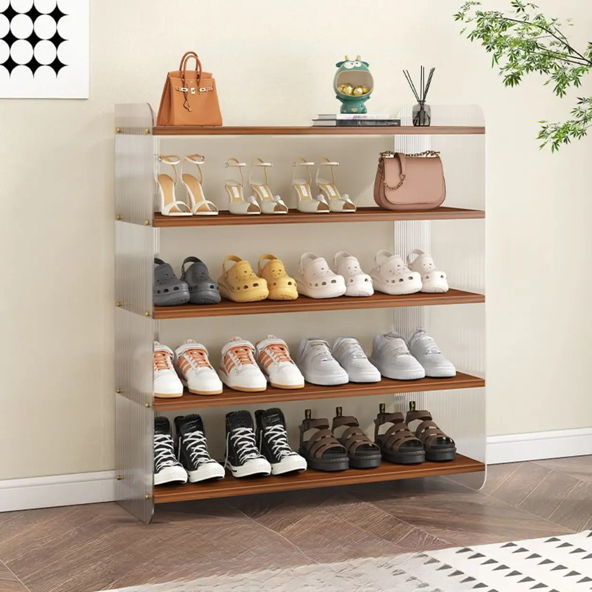 Minimalist Layered Wood Shoe Rack Brown 5 Tiers Storage Image - 9