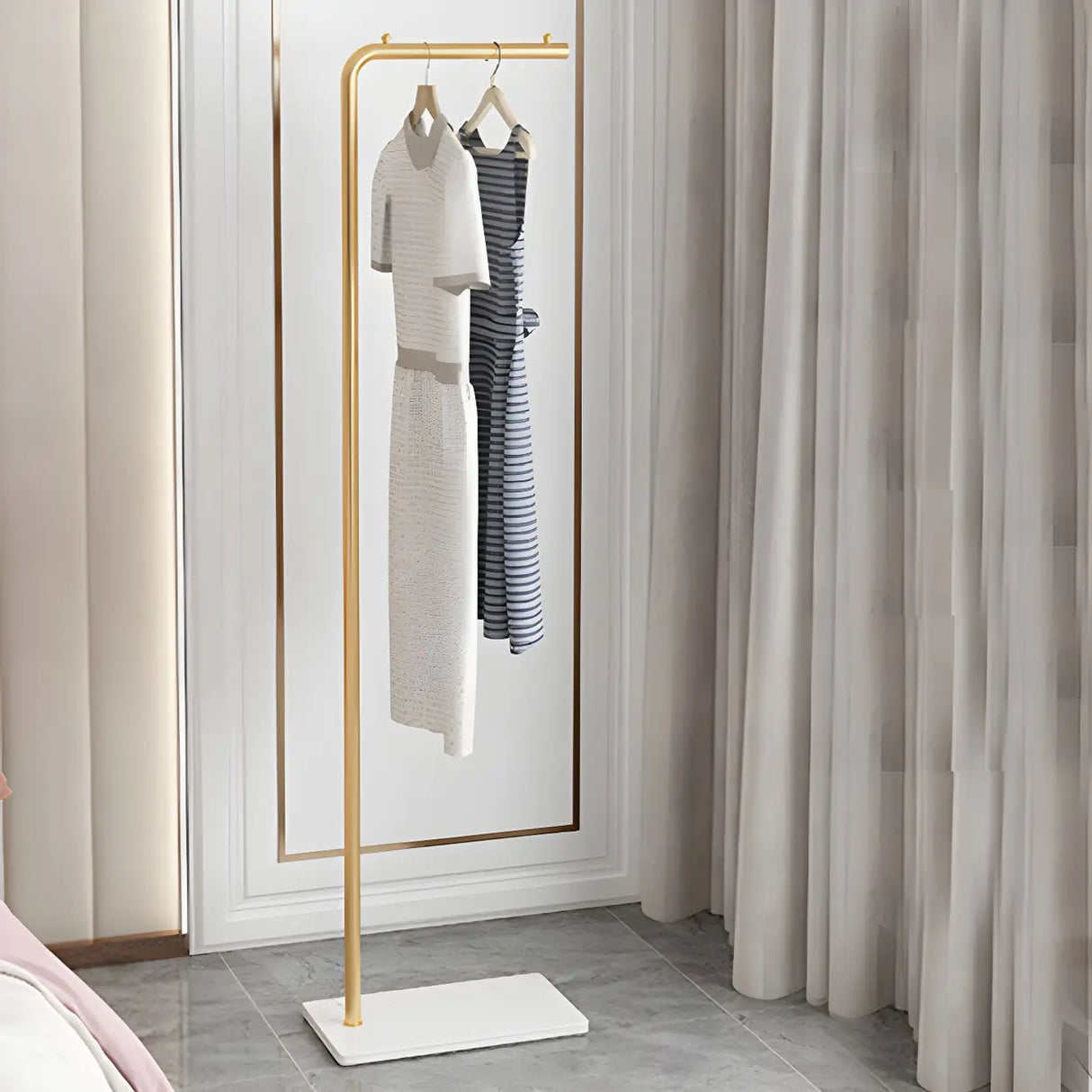 Minimalist Metal Gold High Freestanding Coat Rack with Hooks Image - 11