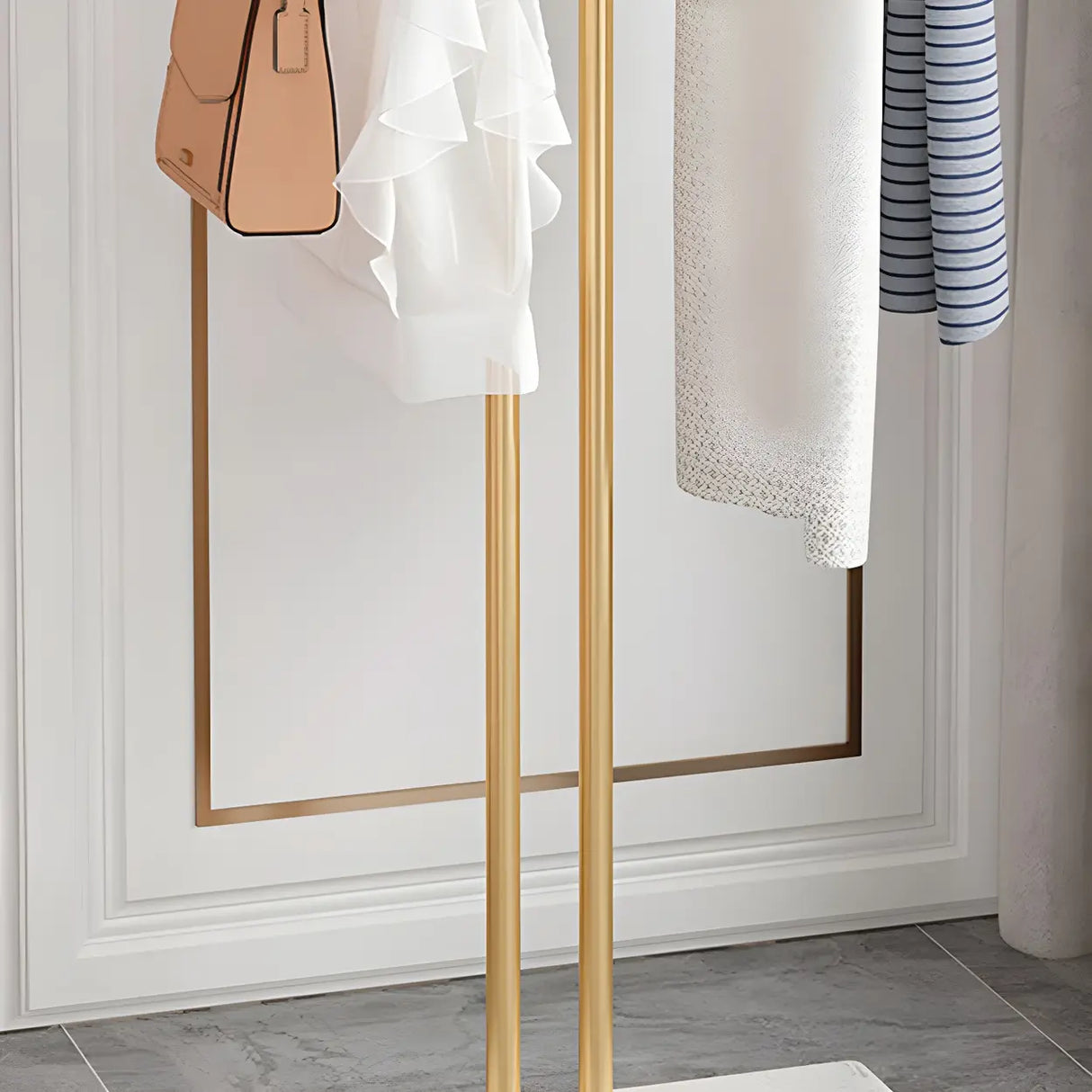 Minimalist Metal Gold High Freestanding Coat Rack with Hooks Image - 13