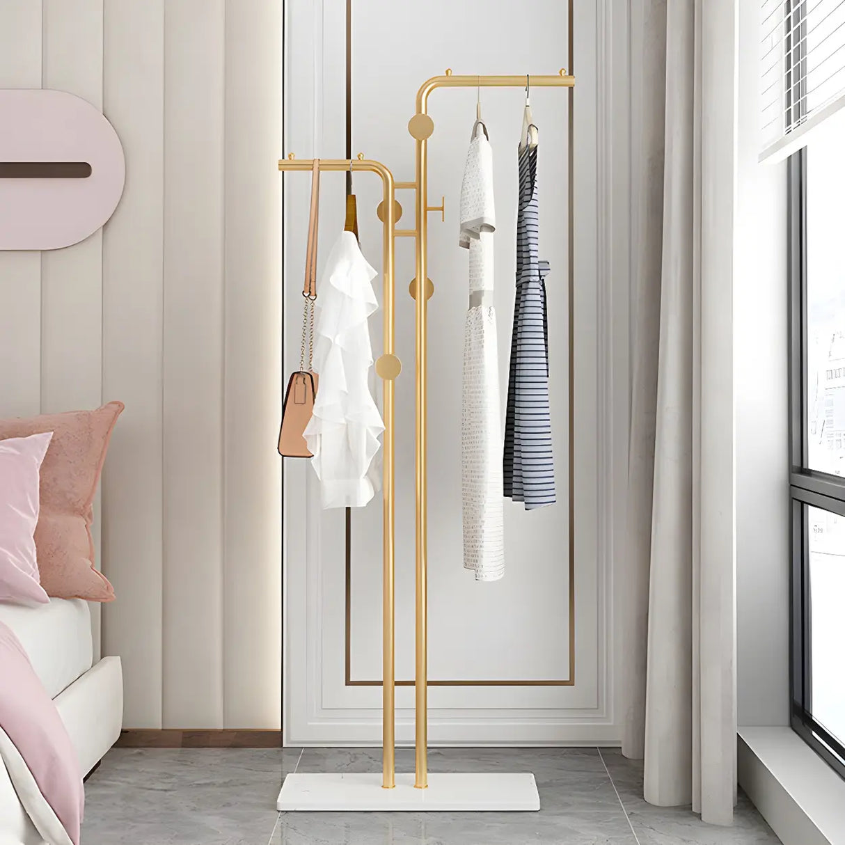 Minimalist Metal Gold High Freestanding Coat Rack with Hooks Image - 14