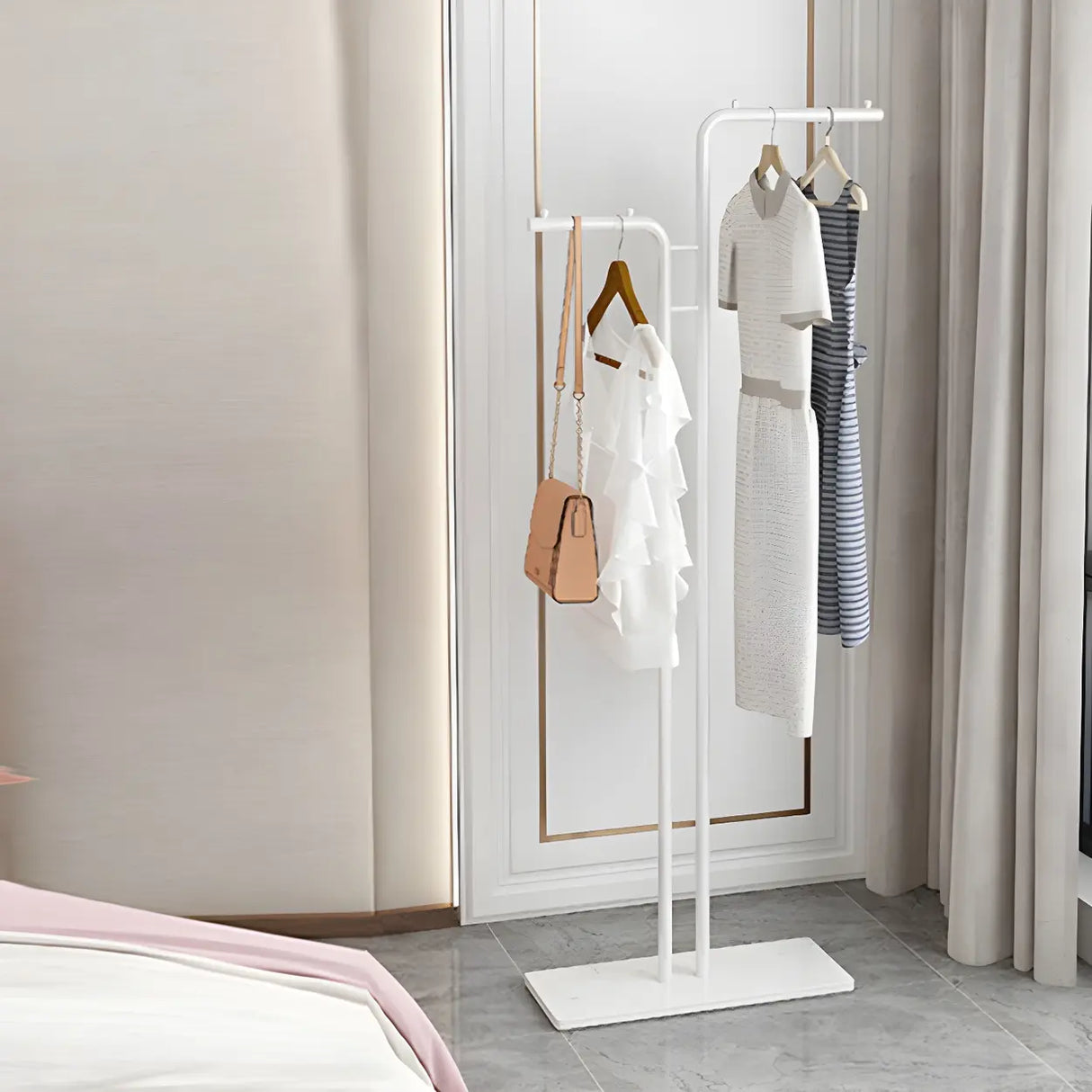 Minimalist Metal Gold High Freestanding Coat Rack with Hooks Image - 15