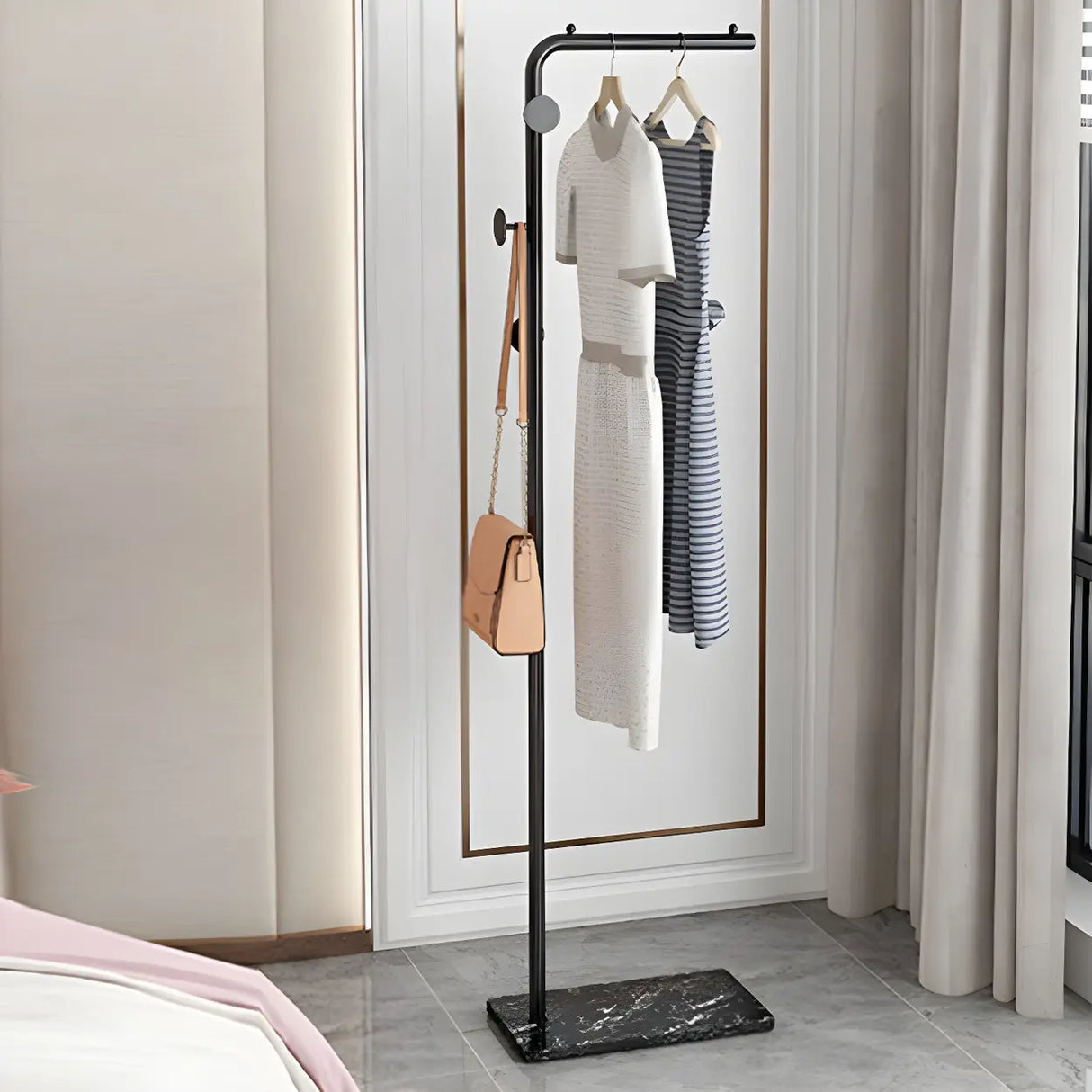 Minimalist Metal Gold High Freestanding Coat Rack with Hooks Image - 16