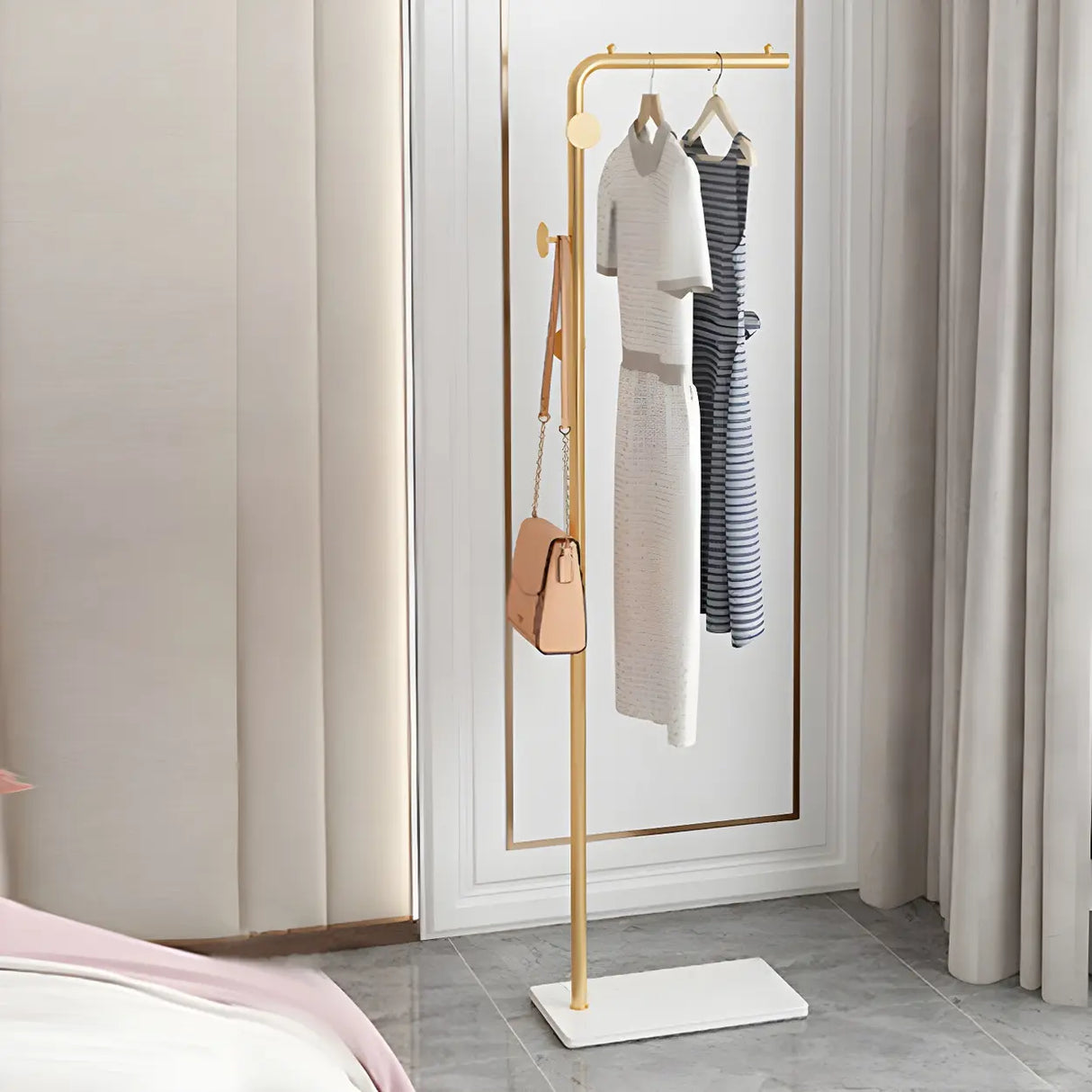 Minimalist Metal Gold High Freestanding Coat Rack with Hooks Image - 17