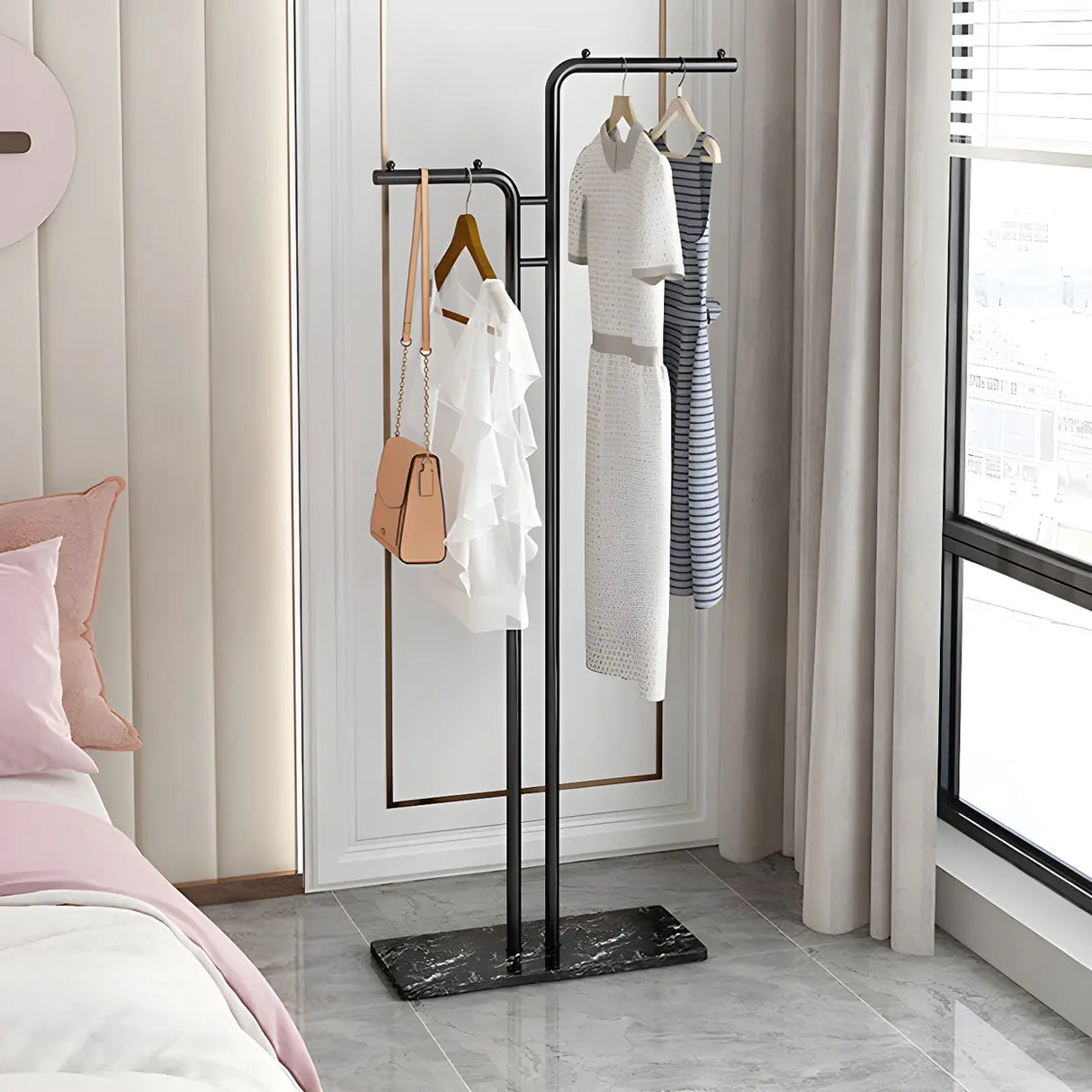 Minimalist Metal Gold High Freestanding Coat Rack with Hooks Image - 18
