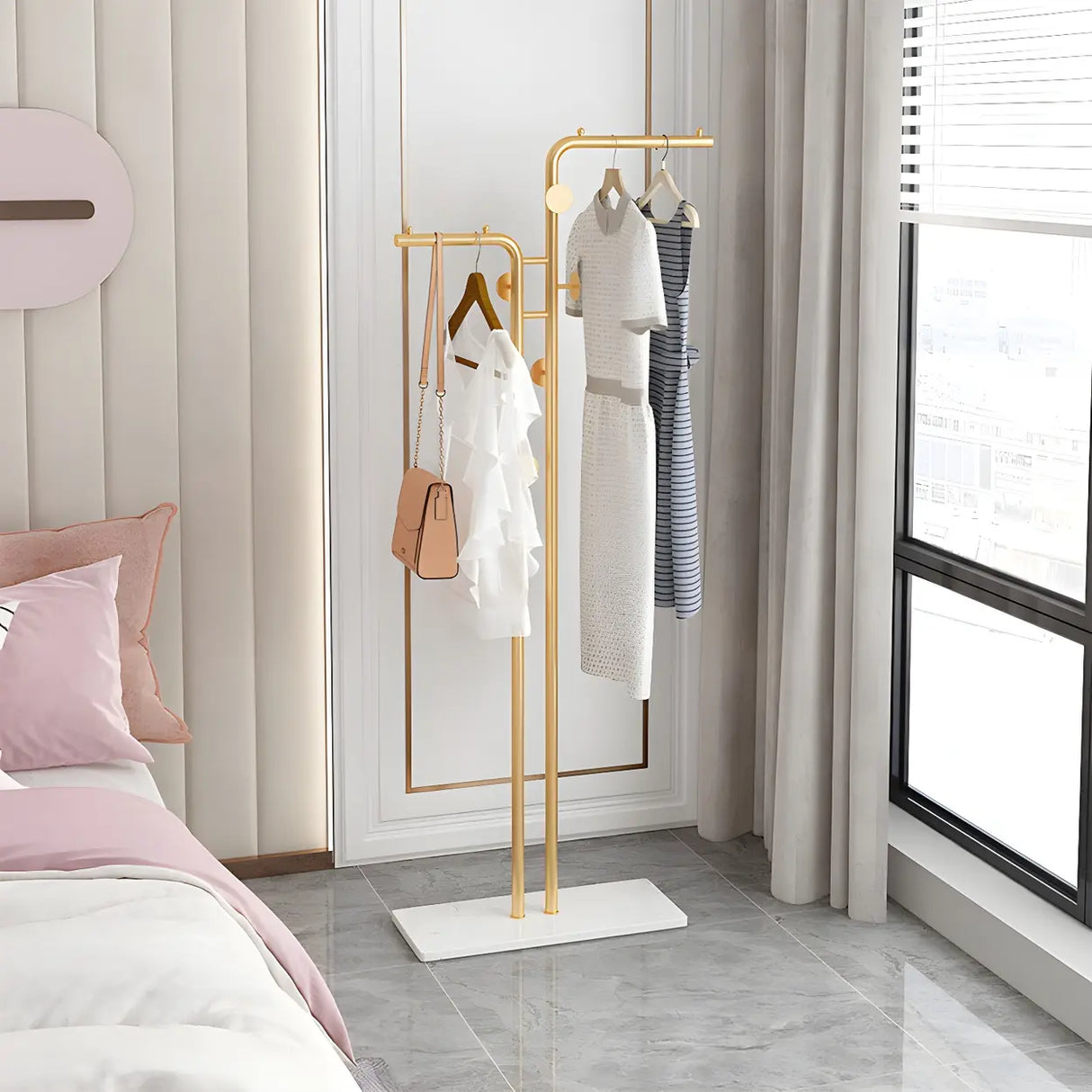Minimalist Metal Gold High Freestanding Coat Rack with Hooks Image - 1