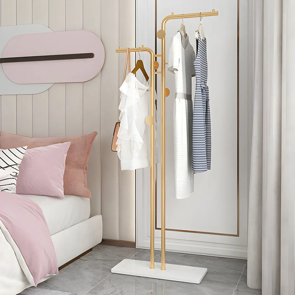 Minimalist Metal Gold High Freestanding Coat Rack with Hooks Image - 20