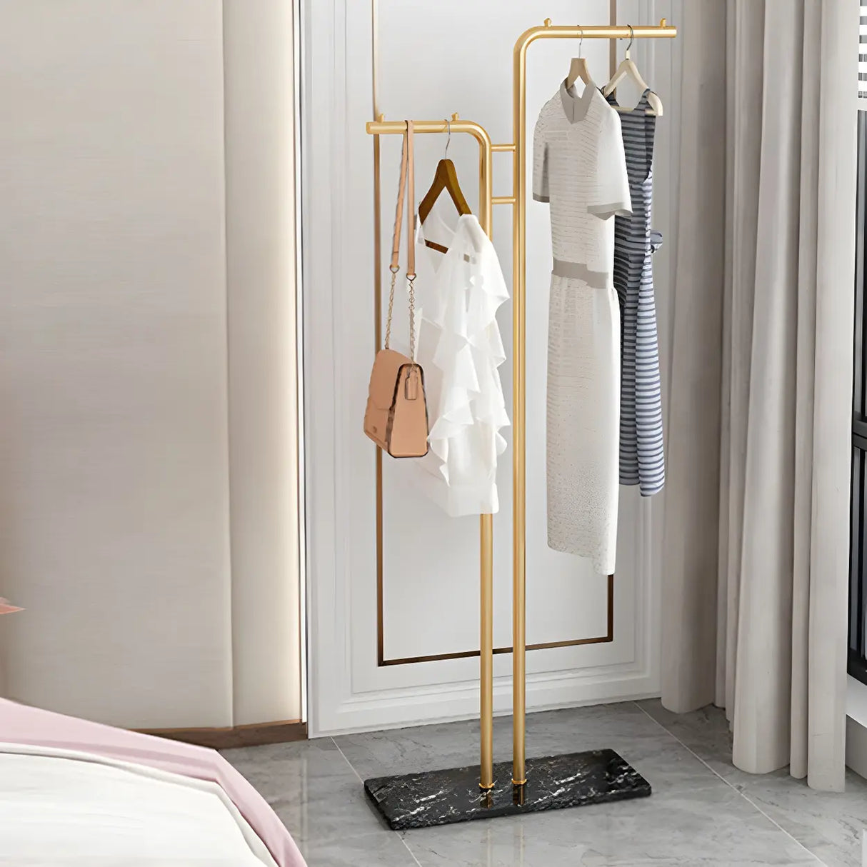 Minimalist Metal Gold High Freestanding Coat Rack with Hooks Image - 21