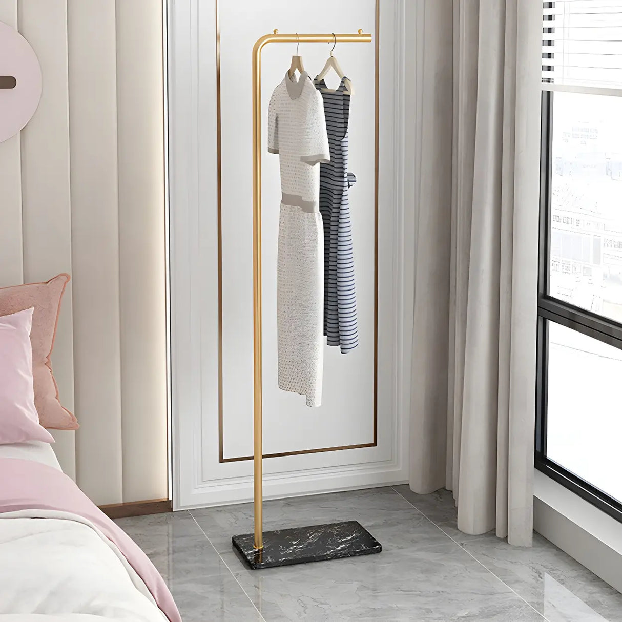 Minimalist Metal Gold High Freestanding Coat Rack with Hooks Image - 2