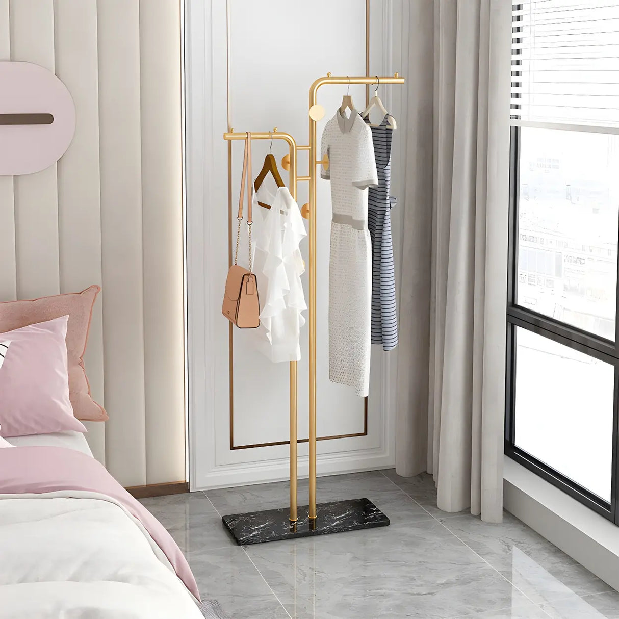 Minimalist Metal Gold High Freestanding Coat Rack with Hooks Image - 7