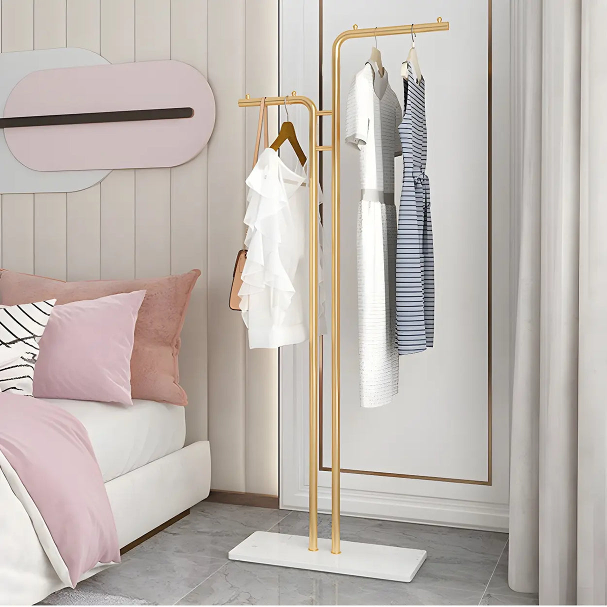 Minimalist Metal Gold High Freestanding Coat Rack with Hooks Image - 8