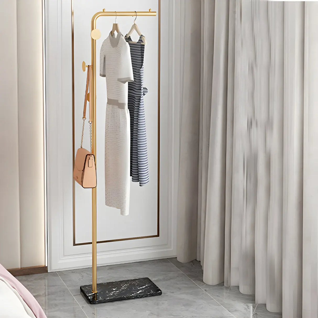 Minimalist Metal Gold High Freestanding Coat Rack with Hooks Image - 9