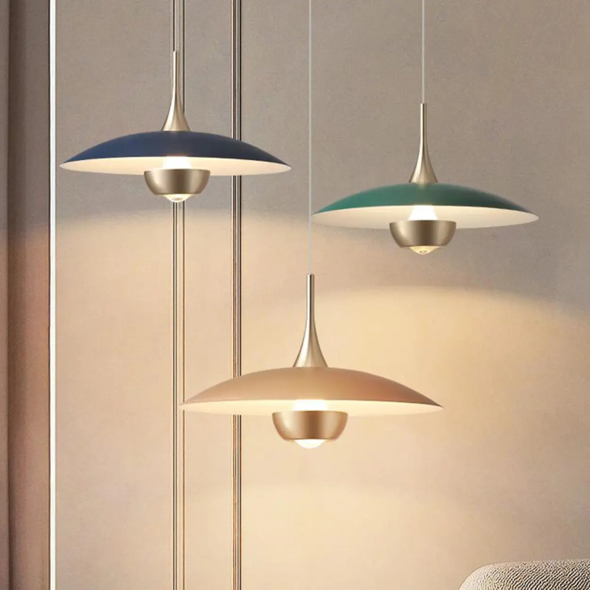 Minimalist Modern Blue Green Metal Cone LED Pendant Light Image - 1