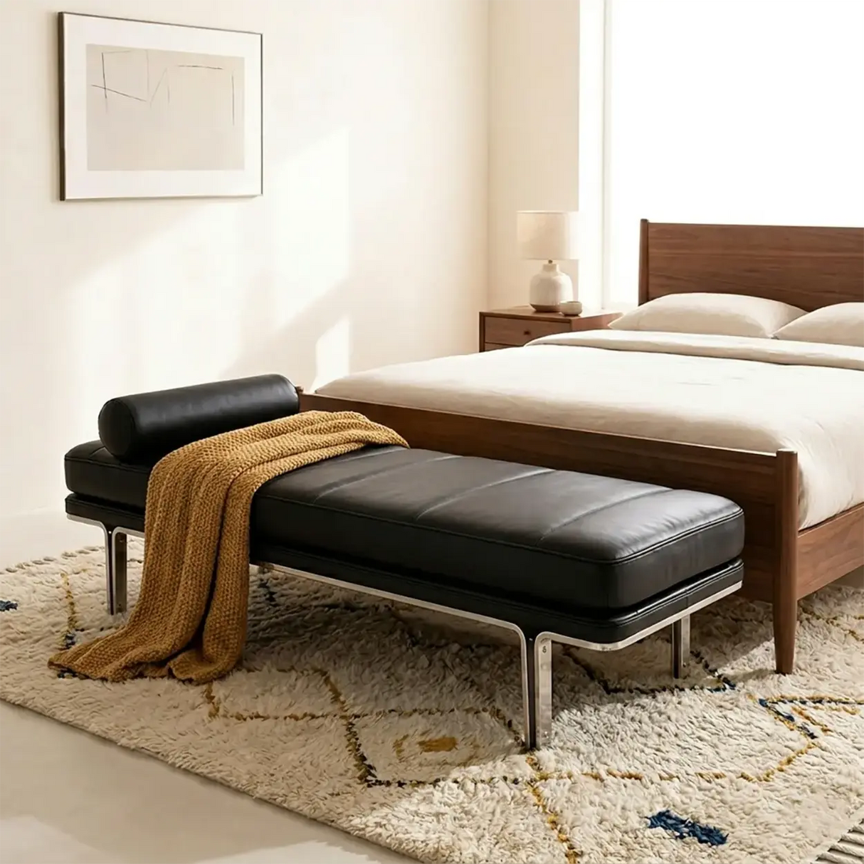 Minimalist Modern Leather Bedroom Bench With Bolster Pillow Image - 4