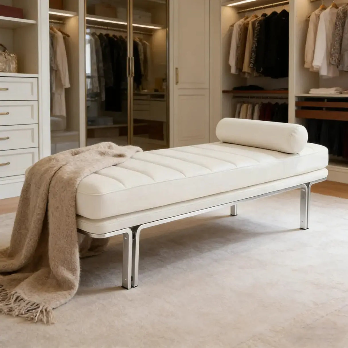 Minimalist Modern Leather Bedroom Bench With Bolster Pillow Image - 5