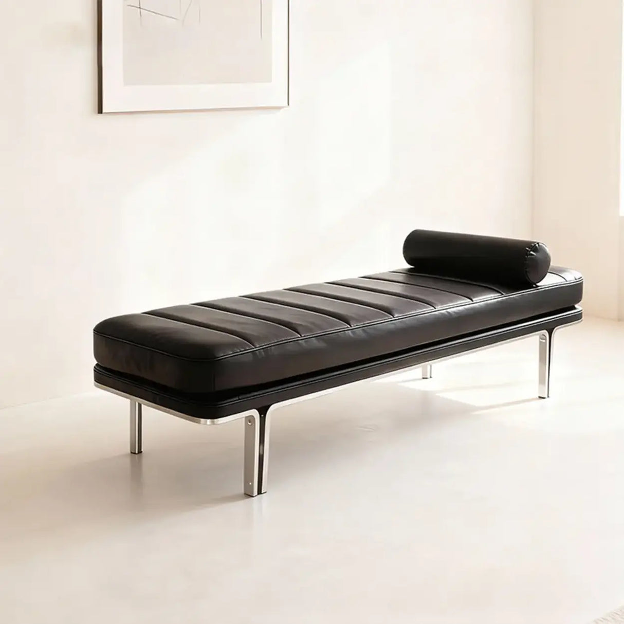 Minimalist Modern Leather Bedroom Bench With Bolster Pillow Image - 9