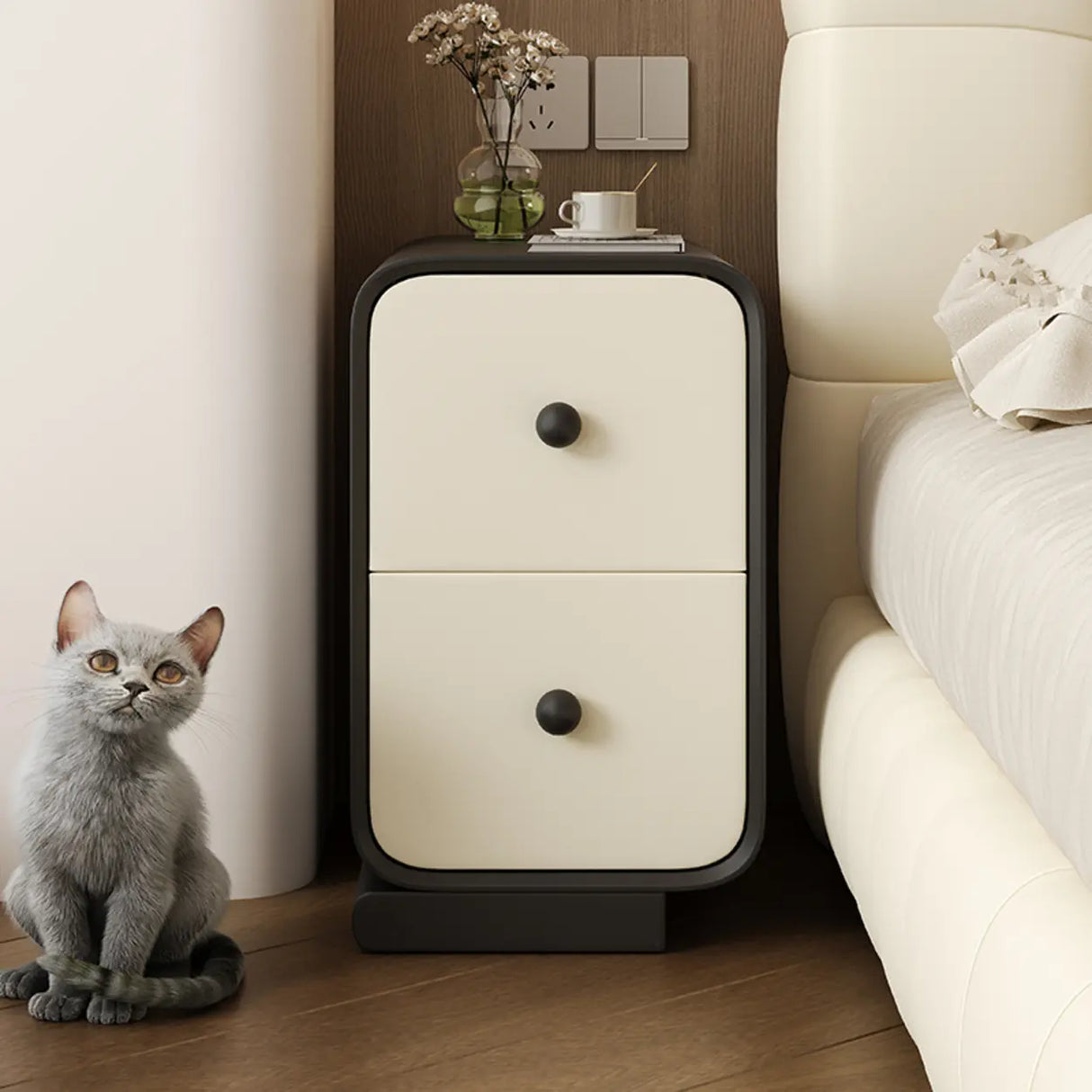 Minimalist Modern Wood Cream Nightstand with 2 Drawers Image - 1